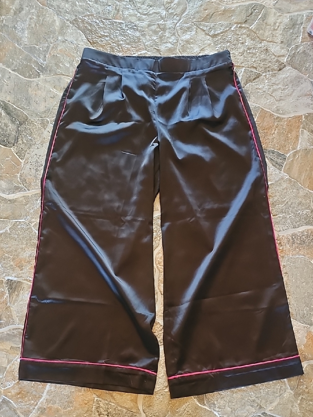 torrid Black Wide Leg Satin Pants with Pink Piping